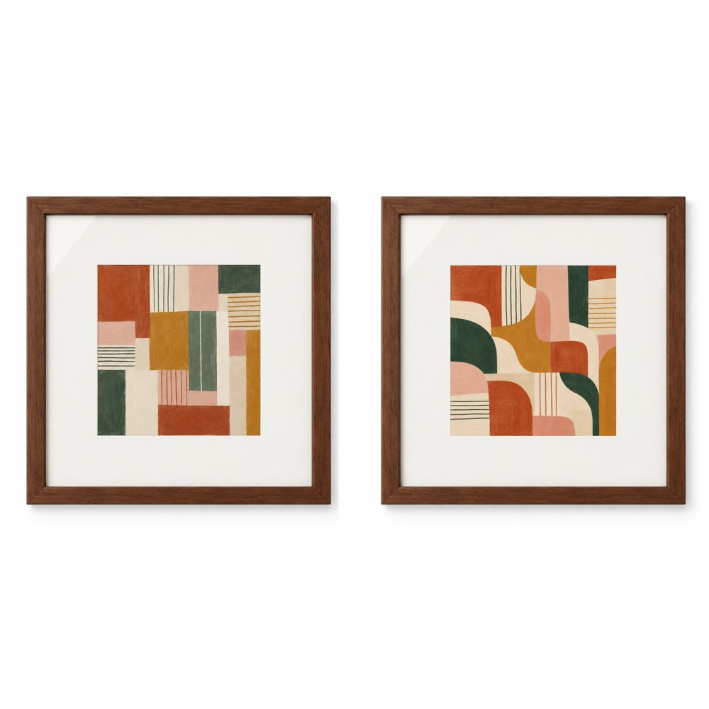 Kit 2 Quadros Abstratos Geométricos 30x30 cm com Moldura de Madeira