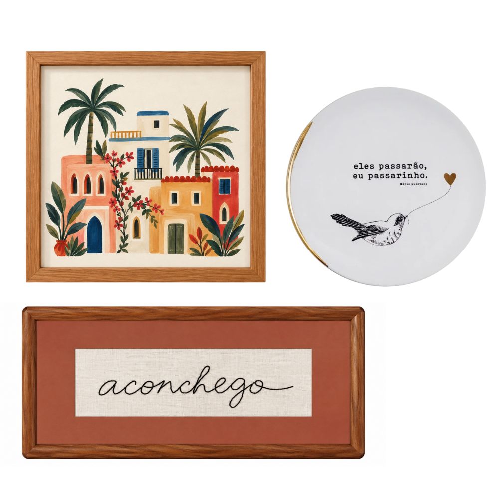 Kit Decorativo Vila, Prato e Quadro Bordado Aconchego