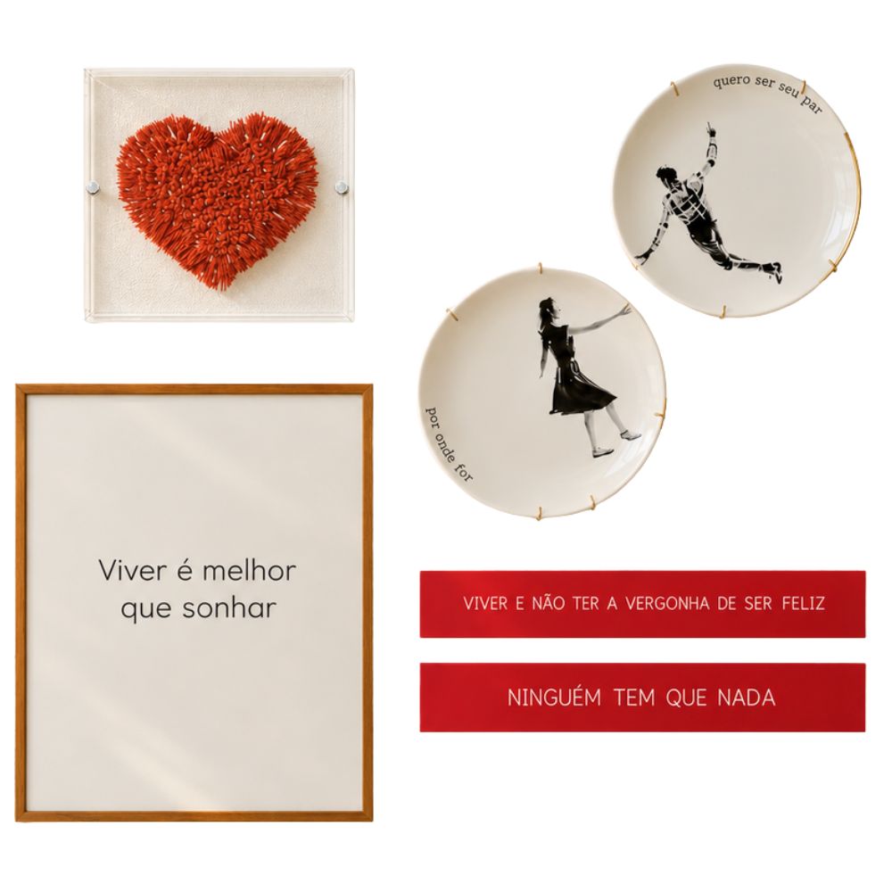 Kit Decorativo Coração Terracota, Quadro Bordado, Pratos e Placas de Acrílico