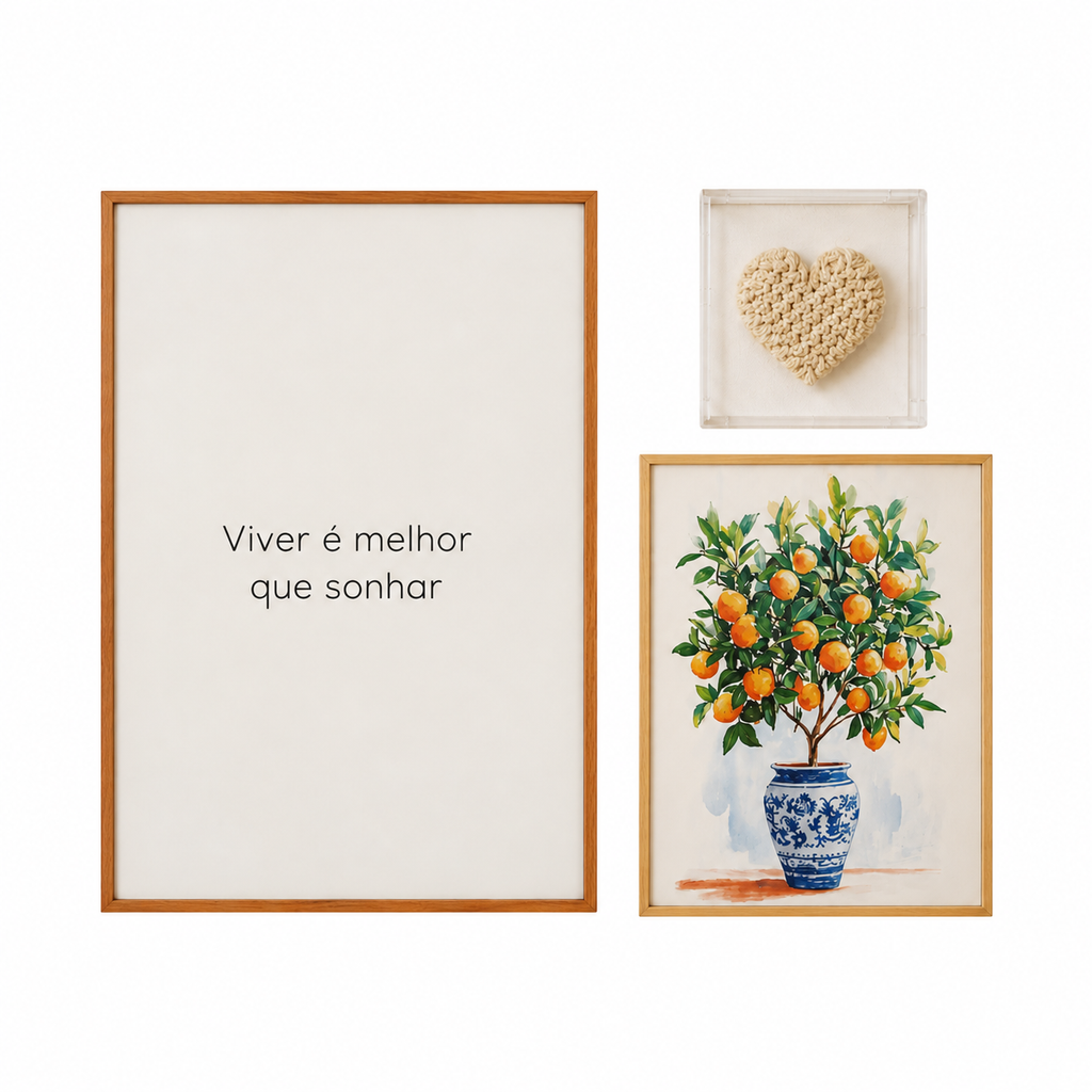 Kit de Parede com Quadro Bordado, Quadro Laranjeira e Acrílico com Macramê