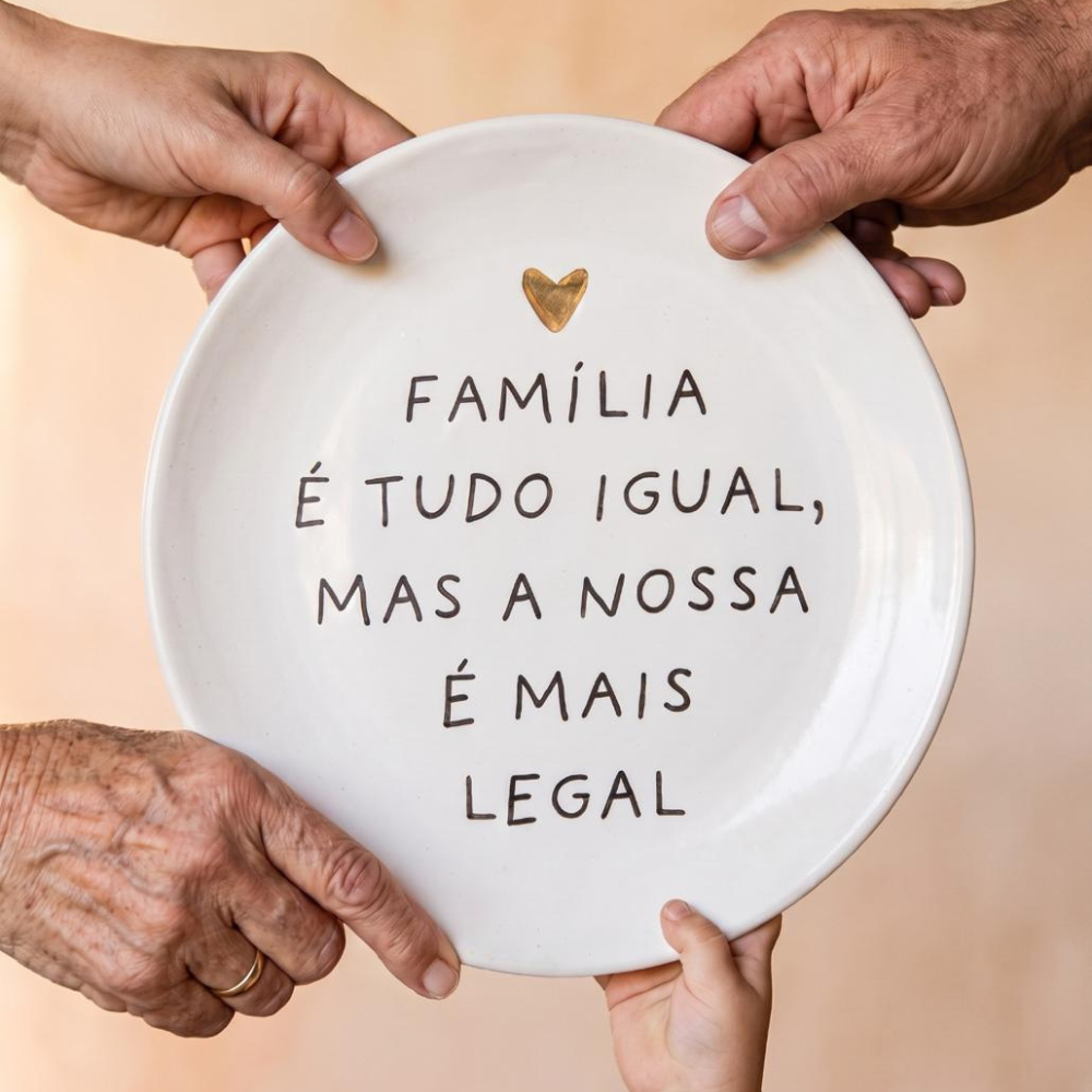 Prato Decorativo Família em Cerâmica com Coração Dourado - 21cm