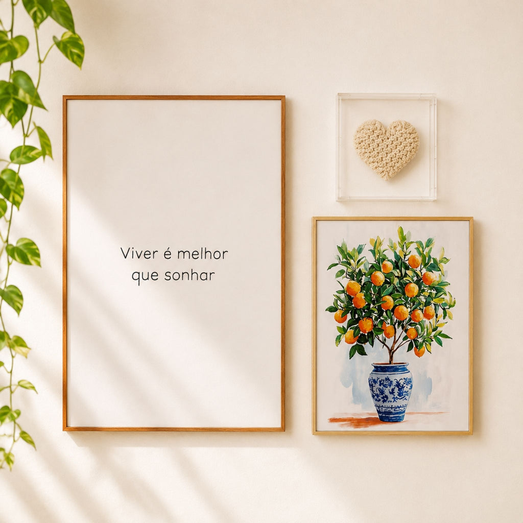 Quadro Decorativo Bordado à Mão Viver 40x60 cm com Moldura de Madeira e Vidro - 40x60